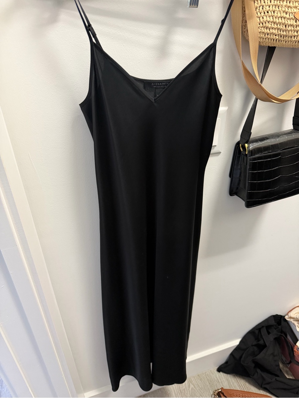 AllSaints Black Slip Maxi Dress with Spaghetti Straps